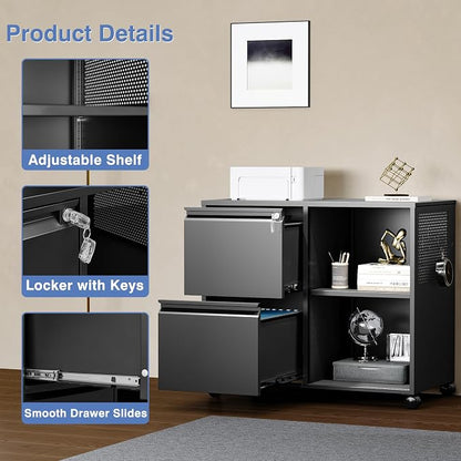 Mobile File Cabinet with Side Hook, 2 Drawer Lateral File Cabinet with Lock fits A4/Letters/Legal Size for Home Office,Metal Rolling Printer Stand with Open Storage Adjustable Shelves(Black)