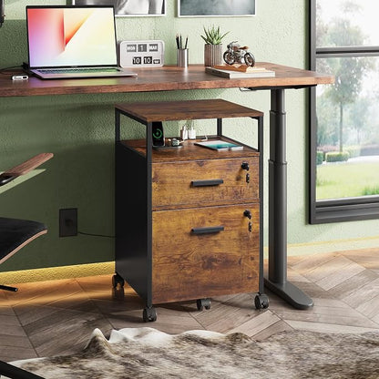 DEVAISE 2 Drawer File Cabinet with Lock, Charging Station & Adjustable Shelf, Rustic Wood Filing Cabinet, Mobile Printer Stand for A4/Letter Size Home Office, Brown
