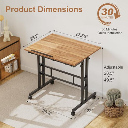 VECELO Mobile Small Standing Desk Adjustable Height, Computer Workstations with Tiltable Tabletop, Lockable Wheels, Portable Rolling Laptop Desk for Home Office, Brown