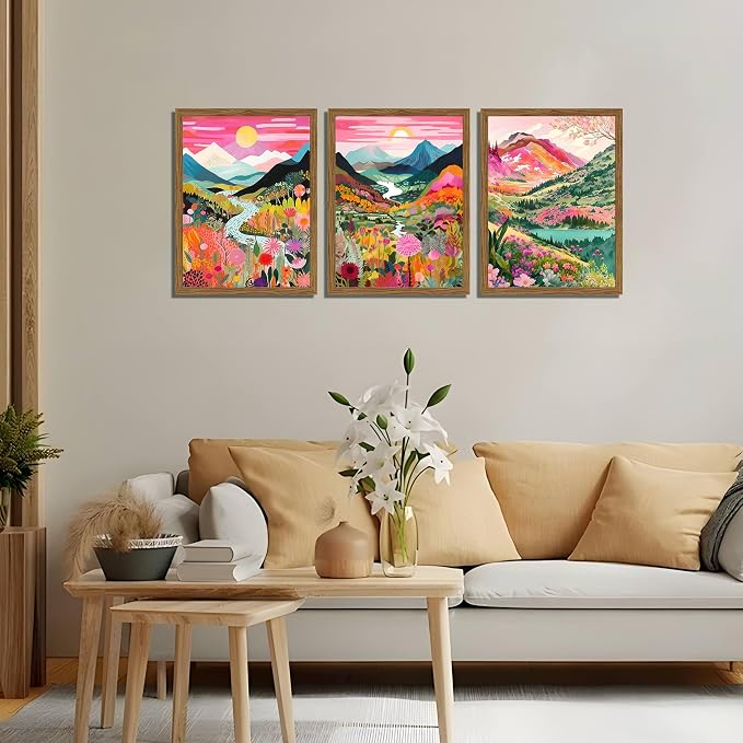 Boho Colorful Mountain Wall Art Set of 3, Abstract Watercolor Landscape Flower Wall Decor Paintings, Modern Nature Sunset Forest Posters Prints for Living Room, Bedroom 16x24 Inch Wood Framed