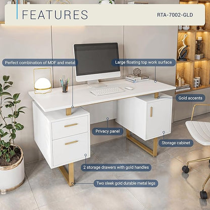 Techni Mobili Storage Drawers and Cabinet 51.25” W-Modern Office Large Floating Desktop Surface Desk, 23.6" D x 51.2" W x 29.8" H, White/Gold