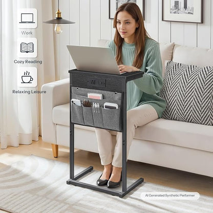 HOOBRO C Shaped End Table with Charging Station, 28" H Couch Side Table Slide Under, Sofa Arm Tray Table with Storage Bag for Living Room, Recliner, Black BB70USF01
