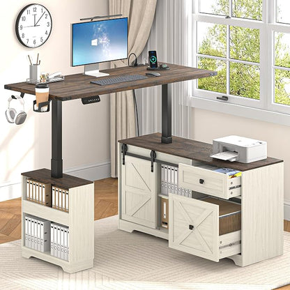 St.Mandyu 55" L Shaped Electric Standing Desk with File Drawer & Sliding Door, Height Adjustable Sit Stand Corner Computer Desk with Power Outlets, Drawers & Cup Holder for Home Office, White