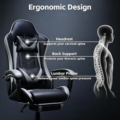 Gaming Chair, Ergonomic Computer Chair with Footrest and Lumbar Support, Height Adjustable Video Game Chair with 360° Swivel Seat and Headrest for Office, Home, Streaming and Gaming (Grey)