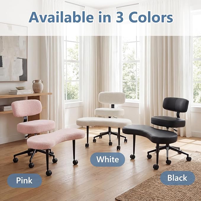 DUMOS Ergonomic ADHD Meditation Office Desk Chair with Adjustable Backrest, Cross Legged Chair Height Adjustable with 360° Swivel Footstool, Yoga Stool for Home Office, Teddy Fabric White