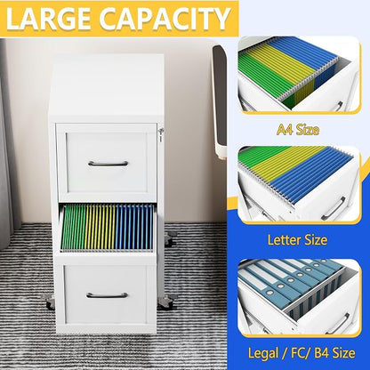 GAIOUS 2 Drawer Mobile File Cabinet with Wheels, Locked Under Desk Cabinet | Metal Filing Cabints with Lock, White Rolling File Cabinet for Home Office, Fits Letter/Legal/A4 Size