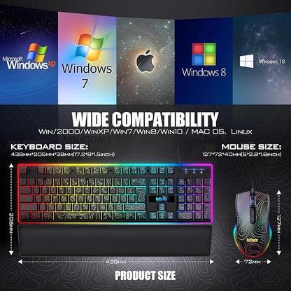 RedThunder K10 Wired Gaming Keyboard & Mouse Combo with Wrist Rest, Adjustable RGB Mechanical Feel Anti-ghosting Keyboard + 7D 7200 DPI Mouse+Soft Leather Wrist Rest for PC Gamers (Black Lines)