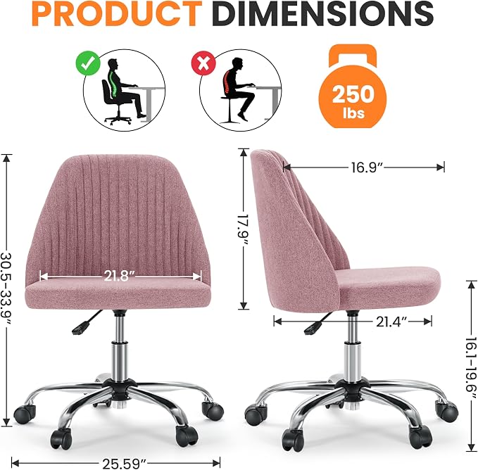 Simple Deluxe Armless Office Desk Chair, Modern Cute Swivel Vanity Chair Comfy Home Office Chairs with Wheels Height Adjustable Rolling Computer Task Stools for Living Room, Make-up, Bedroom, Pink