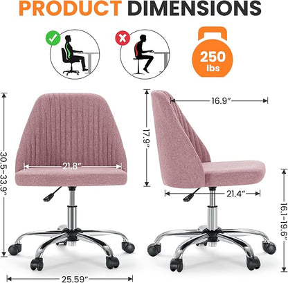 Simple Deluxe Armless Office Desk Chair, Modern Cute Swivel Vanity Chair Comfy Home Office Chairs with Wheels Height Adjustable Rolling Computer Task Stools for Living Room, Make-up, Bedroom, Pink
