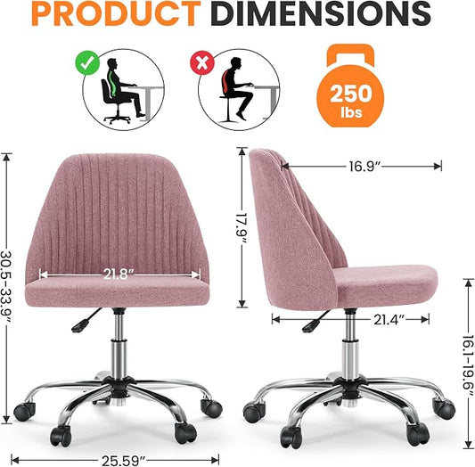 Simple Deluxe Armless Office Desk Chair, Modern Cute Swivel Vanity Chair Comfy Home Office Chairs with Wheels Height Adjustable Rolling Computer Task Stools for Living Room, Make-up, Bedroom, Pink
