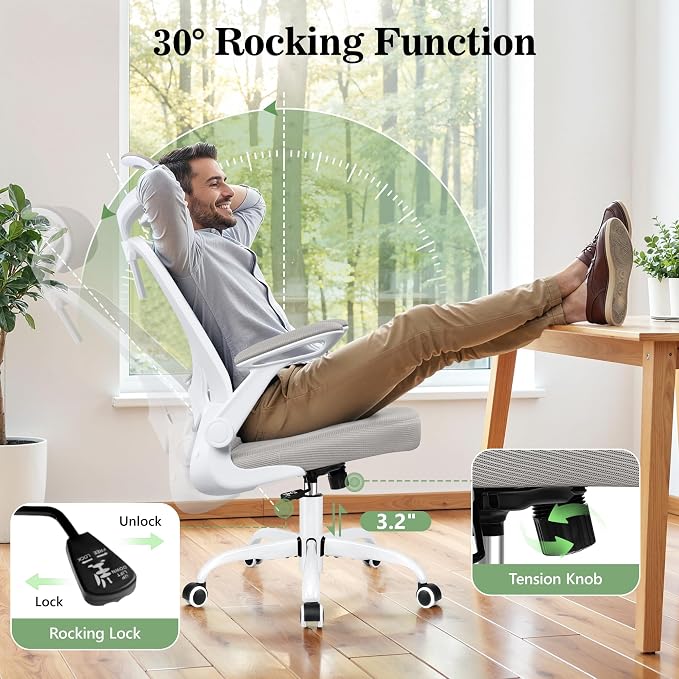 BESTFAIR Office Chair Ergonomic Desk Chair, Breathable Mesh Office Chairs with Adjustable Lumbar Support, Flip-Up Arms, Computer Desk Chair Comfy for Home Office, Light Gray