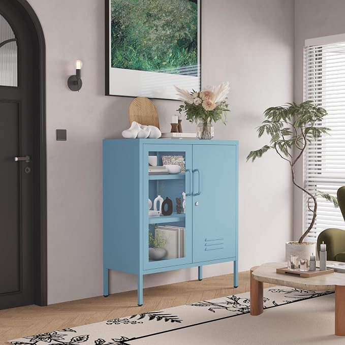 29.5" Wide Blue Metal Storage Cabinet with Lock and Ventilated Doors, 2 Adjustable Shelves, Heavy Duty Home Metal Accent Locker for Kitchen Office Living Room Hallway