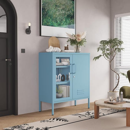 29.5" Wide Blue Metal Storage Cabinet with Lock and Ventilated Doors, 2 Adjustable Shelves, Heavy Duty Home Metal Accent Locker for Kitchen Office Living Room Hallway