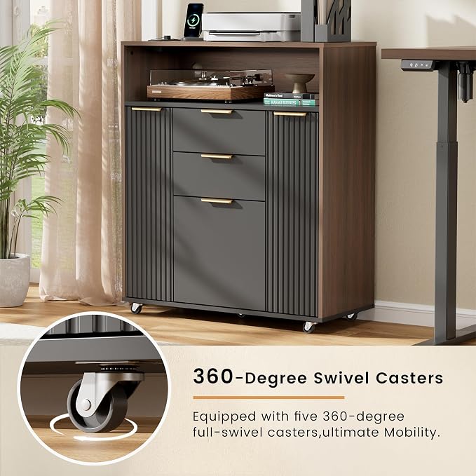ModernMate Fluted Mobile Office File Cabinet with 3 Drawers, 37" Rolling Storage Cabinet with Charging Station, Small Printer Stand for Home Office, Black Walnut