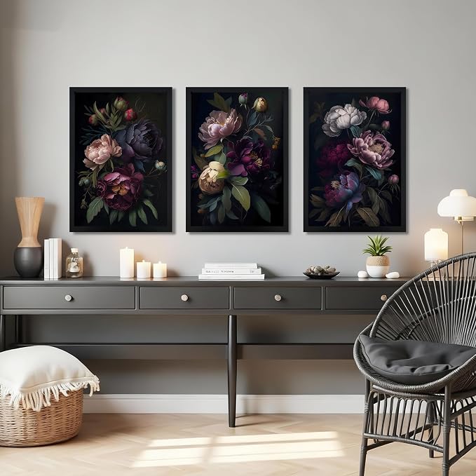 ICHZUMW Moody Peony Floral Canvas Wall Art Set of 3, Black Wood Framed Dark Academia Gothic Botanical Wall Decor, Ready to Hang Fade‑Resistant Flower Pictures for Bedroom Living Room Bathroom, 20×30in