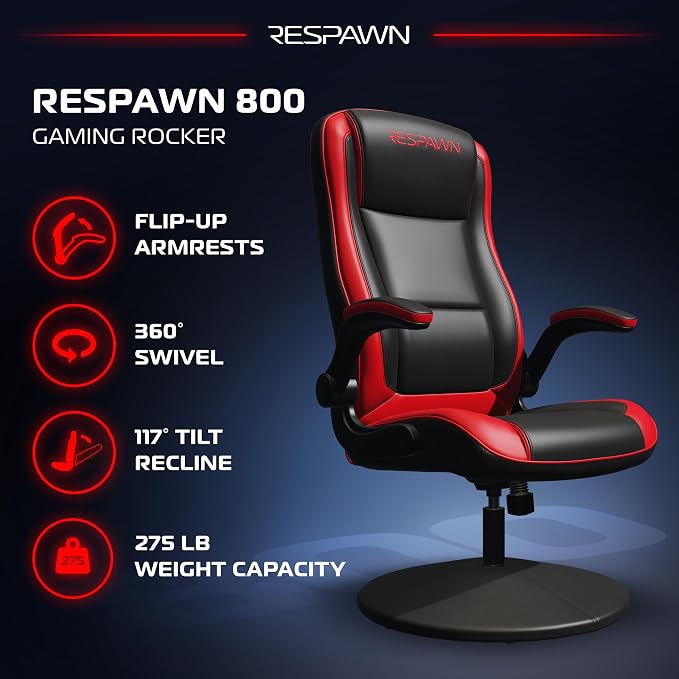 RESPAWN 3085 Ergonomic Gaming Chair for Adults, High Back Office Chair with Headrest and Flip Up Arms, Leather Racing Style Gaming Seat with Lumbar Support, Video Game Computer Desk Seat - Red