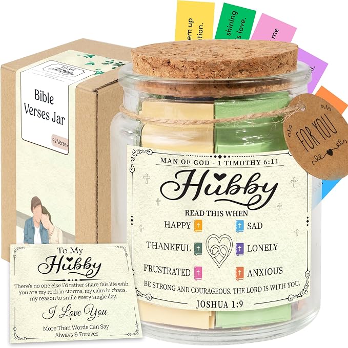 Hubby Bible Verse Jar – Father day Gifts for Husband, 92 Color-Coded Bible Verses “Read This When” | Christian gifts for men