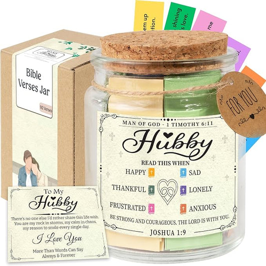Hubby Bible Verse Jar – Father day Gifts for Husband, 92 Color-Coded Bible Verses “Read This When” | Christian gifts for men