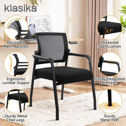 KLASIKA Desk Chair No Wheels with Adjustable Mesh Backrest, Arm Chair with Ergonomic Lumbar Support and Thickened Seats Cushion, Waiting Room Chairs for Office School Church Guest Reception, 4PACK