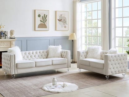 mikibama Velvet Loveseat with Buttons and Square Arms 59 Inch Tufted Sofa with Trimmed Nailhead and Metal Legs Loveseat Couch for Living Room, Bedroom (Beige-Crystal Legs, Loveseat + Sofa)