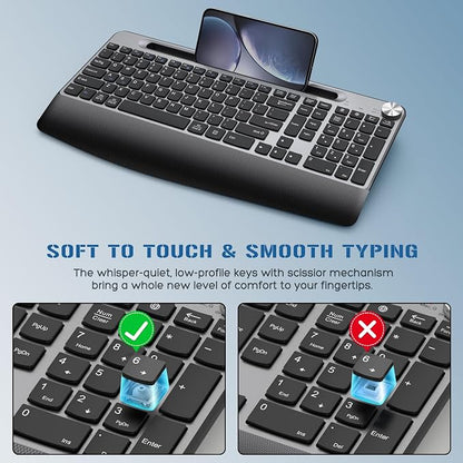 JOYACCESS Wireless Keyboard and Mouse, Ergonomic Wireless Keyboard with Wrist Rest and Phone Holder, Quiet Computer Mouse for Mac PC Laptop-Black Grey