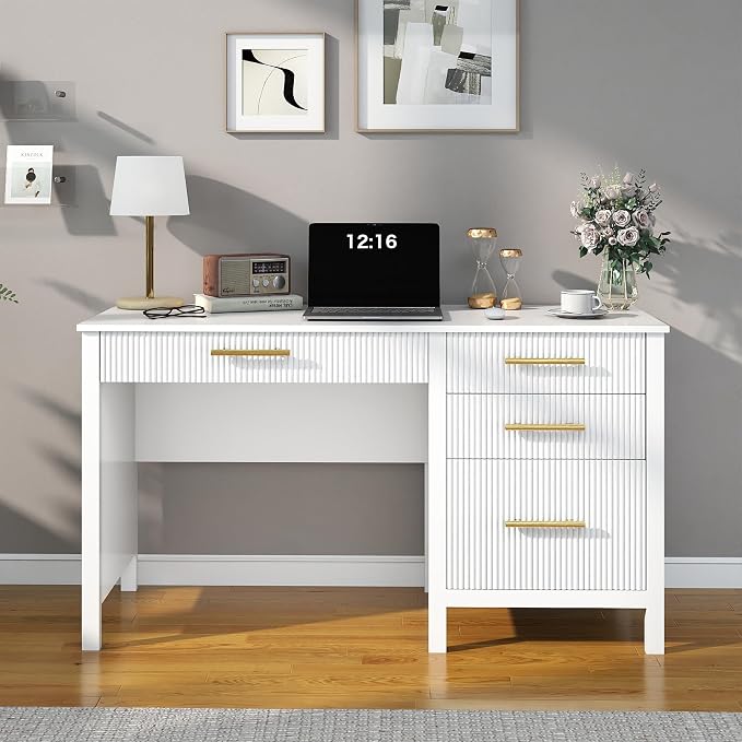 Modern Executive Desk with Drawers: 54 Inch White Home Office Desks with File Drawer, Wood Fluted Desk with Storage, Writing Computer Desks with 4 Drawers