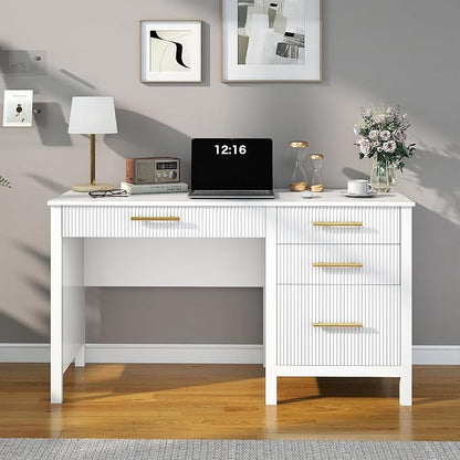 Modern Executive Desk with Drawers: 54 Inch White Home Office Desks with File Drawer, Wood Fluted Desk with Storage, Writing Computer Desks with 4 Drawers