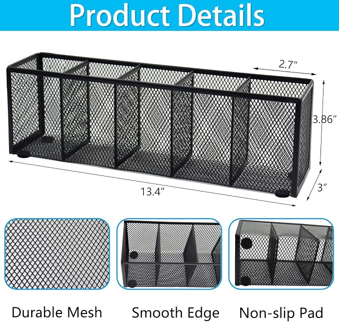 Black Mesh Pen Pencil Holder, Small Metal Desk Organizer Desktop Stationery Office Supplies Acessories Storage Stand, 5 Compartments Brushes Holder for Home School Classroom Teachers
