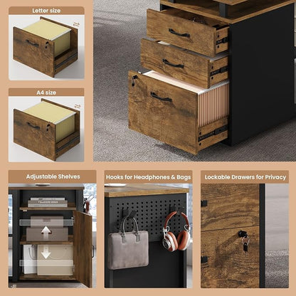 78" Executive Desk with Lockable File Cabinet, L Shaped Office Desk with Power Outlets, Large Executive Desk with Drawers and Storage Shelves, Reversible Computer Desk, Rustic Brown