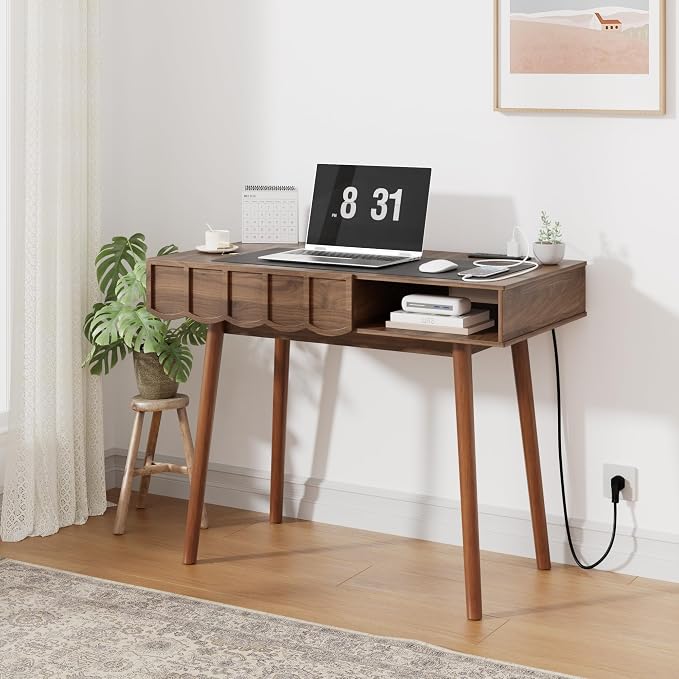 Mid Century Modern Desk, Executive Home Office Desk w/Drawer & Open Compartment, Vintage Small Computer Writing Desk for Study, Bedroom