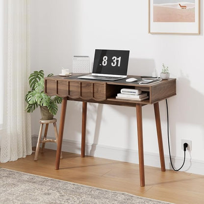 Mid Century Modern Desk, Executive Home Office Desk w/Drawer & Open Compartment, Vintage Small Computer Writing Desk for Study, Bedroom