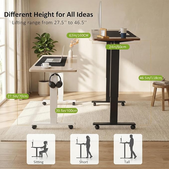 farexon Electric Standing Desk 63 x 24In with Power Outlets, Adjustable Height Stand up Desk with Large Mouse Pad, Double Hooks and 4 Wheels, 27''-46'' Lifting Range, Easy to Set for Home/Office(Oak)