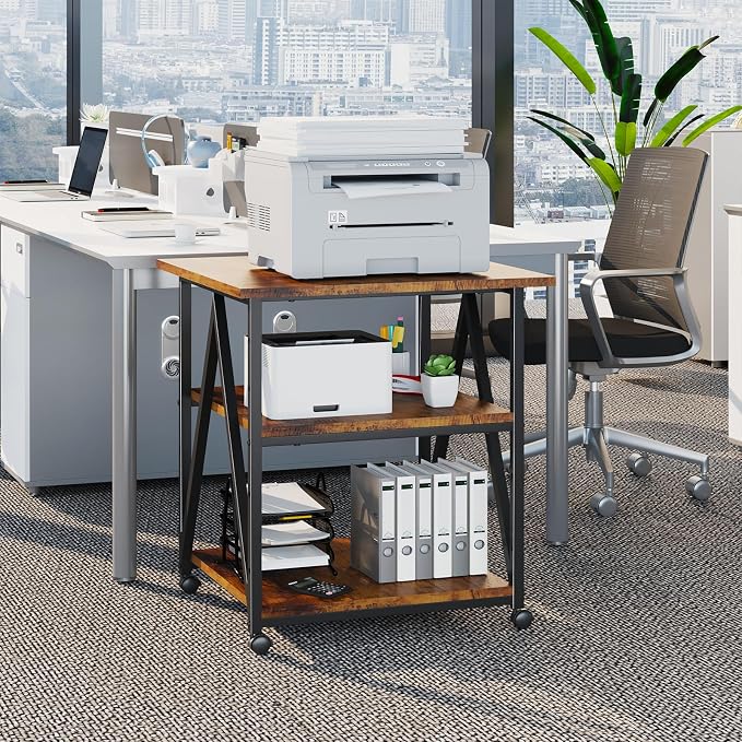 Arbuxzuy 3-Tier Printer Stand, Large Printer Table with Storage, Industrial Printer Storage Cart with Wheels, Rolling Printer Stand for Heat Press Scanner Fax, Brown