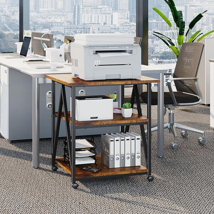 Arbuxzuy 3-Tier Printer Stand, Large Printer Table with Storage, Industrial Printer Storage Cart with Wheels, Rolling Printer Stand for Heat Press Scanner Fax, Brown