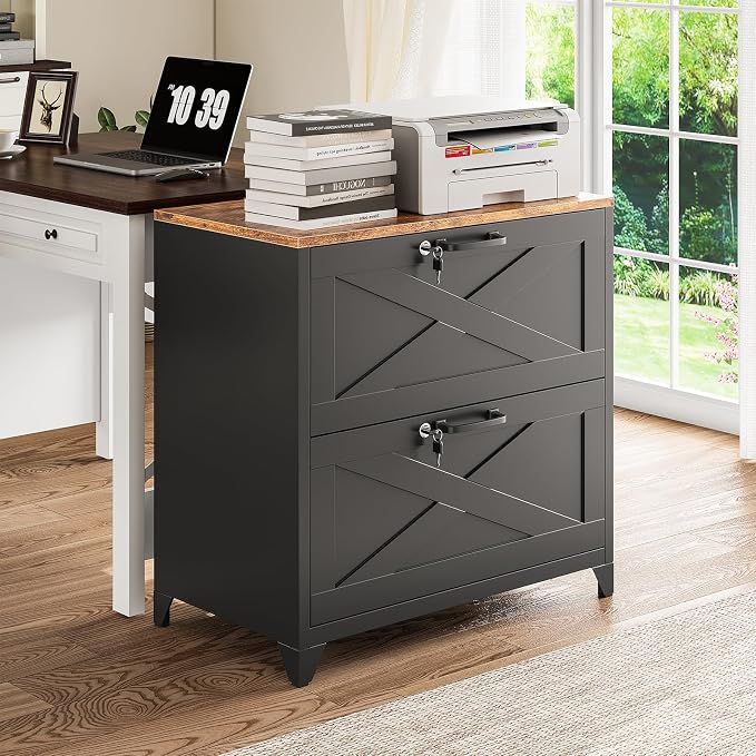 2-Drawer Farmhouse File Cabinet with Lock, Lateral Filing Cabinet for Letter/Legal/A4 Size, Wood File Storage Cabinets Printer Stand with Large Storage for Home Office School, Black