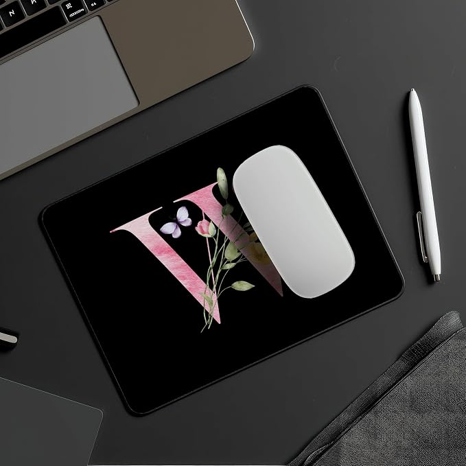 Mouse Pad Pinks Flowers Initial Letters Mousepad Desktop Laptop Computer Accessories Home Office Gaming Work Desk Computer Non-Slip Rubber Monogram Floral Alphabet A-Z mousepad (W)