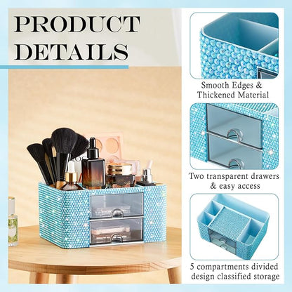 MotiMind Blue Bling Desk Organizer with 2 Drawer, Sparkly Makeup Organizer for Vanity, Girly Desk Accessories, Rhinestone Pen Holder, Elevate Your Workspace with Blue Serenity (Diamond)