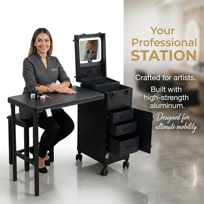 Portable Manicure Table with Storage – Travel Nail Desk | 360° Swivel Wheels Rolling Case, Professional Mobile Salon Station, Cosmetic Makeup Organizer Cart for Tech On the Go
