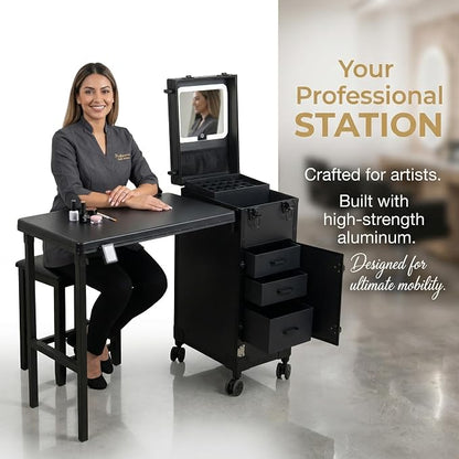 Portable Manicure Table with Storage – Travel Nail Desk | 360° Swivel Wheels Rolling Case, Professional Mobile Salon Station, Cosmetic Makeup Organizer Cart for Tech On the Go