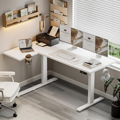 Muvai 59 Inch L Shaped Standing Desk Adjustable Height with Cable Management Tray,Gaming Electric Corner Standing Desk, Sit Stand Computer Table with Reversiable Splice Board,White