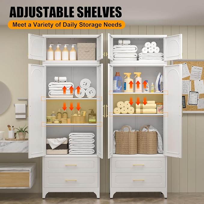 Metal Storage Cabinet with Doors and Shelves, 90" Tall Kitchen Pantry Storage Cabinets with 2 Drawer, White Pantry Closet, Steel Large Cupboard, High Leveling Feet- Assembly Required