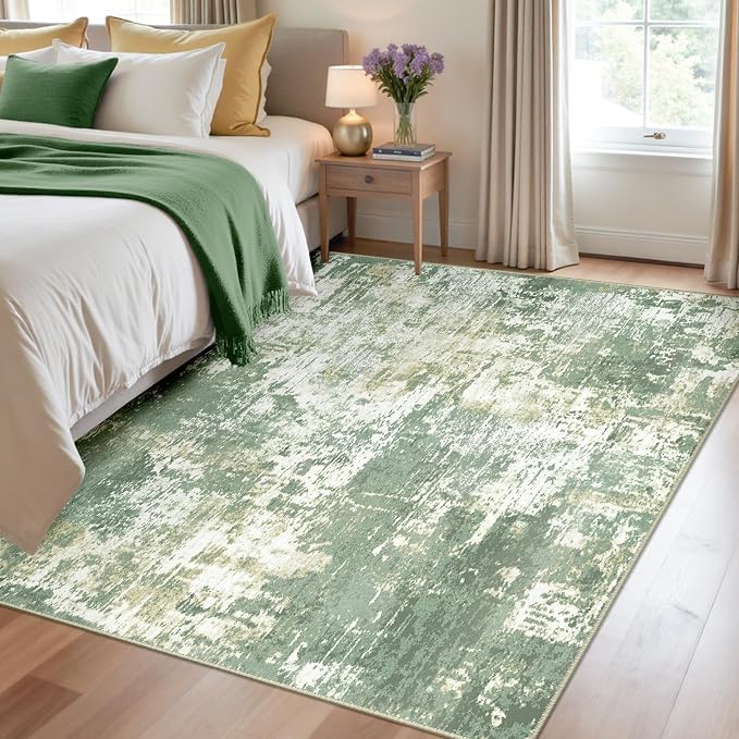 RELEANY Washable Area Rugs 4'x6' Non-Slip Modern Abstract Soft for Living Room Entryway Bedroom Kitchen, Print Pattern, Light Green/Yellow