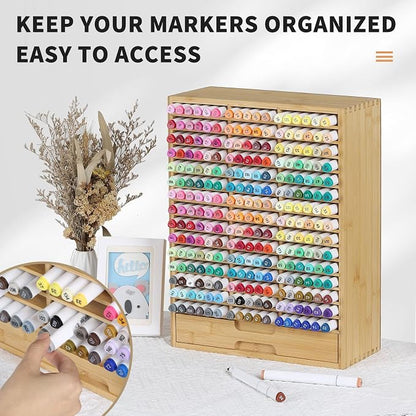 AUTOARK Bamboo Marker Organizer for 225 Markers,AHK-063 | Desktop Storage with Drawers,Art Markers Pens Pencils Brushes,Stationary Organizer