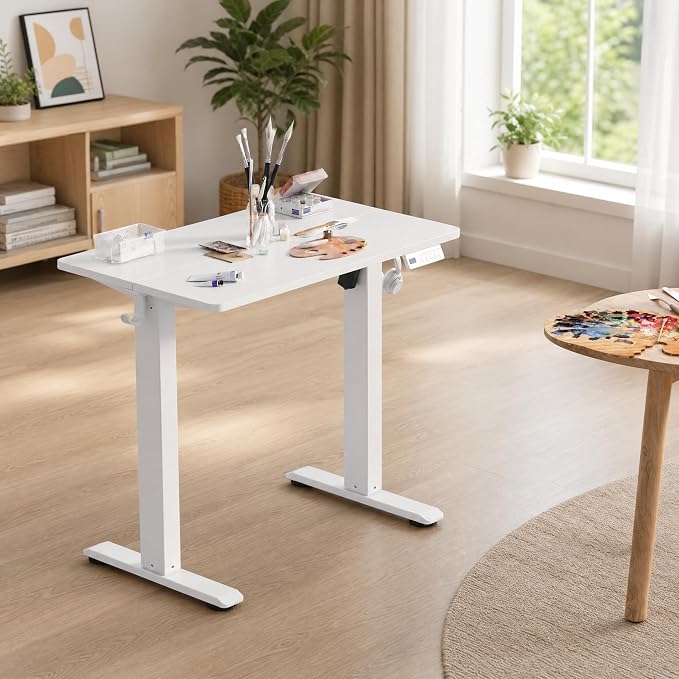 Claiks Electric Standing Desk 32 x 19 Inches, Compact Adjustable Height Motorized Sit Stand Desk with 3 Memory Presets & Cable Management, Space-Saving Computer Workstation for Bedroom, White