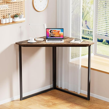 VECELO Corner Desk,Office Tables for Living Room for Small Space Triangle Computer Desk with Steel Frame Corner Shelves with Metal Frame Writing Desk for Workstation Retro Brown 33.1"