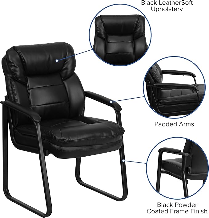 Flash Furniture Isla LeatherSoft Executive Side Reception Chair with Padded Arms and Sled Base, Upholstered Side Chair for Living Room/Office, Black