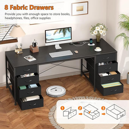 YOMILUVE 60 Inch Computer Desk with 8 Drawers, Home Office Desk with Power Outlets, Work Study Gaming Desk with 8 Fabric Drawers, Black