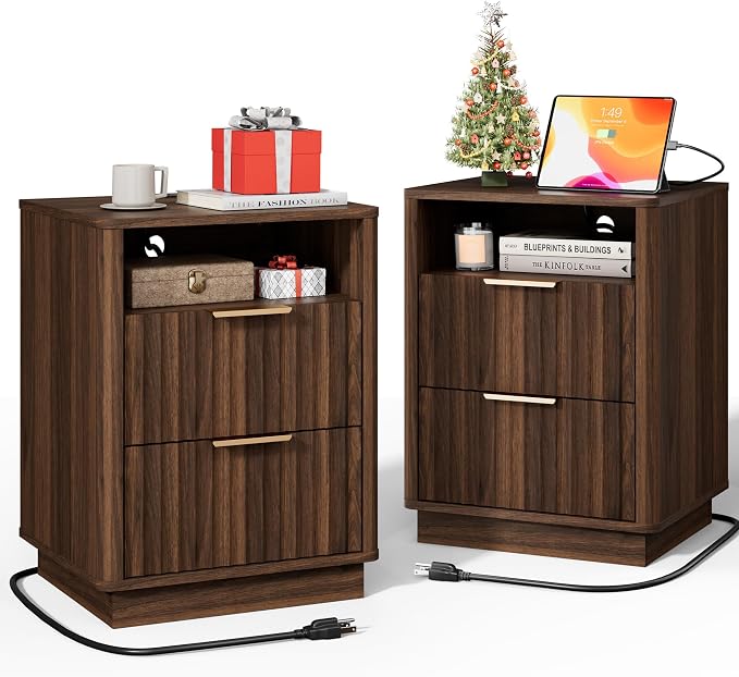 Fluted Nightstand, Night Stand Set 2, Walnut Nightstands Set of 2 with Charging Station, 2 Drawer Wood End Table w/Storage, Modern Bedside Table for Bedroom Sofa Home Office, Curved Corners