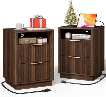 Fluted Nightstand, Night Stand Set 2, Walnut Nightstands Set of 2 with Charging Station, 2 Drawer Wood End Table w/Storage, Modern Bedside Table for Bedroom Sofa Home Office, Curved Corners