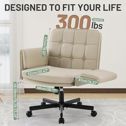 Criss Cross Chair with Wheels - PU Leather Comfy Wide Seat Criss Cross Desk Office Chair with Armrests - Comfortable Swivel Rolling Tilting Vanity Chair with Back for Home Office Makeup Bedroom